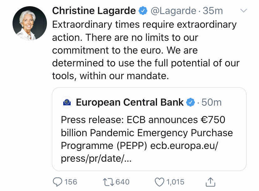 欧央行宣布7500亿欧元抗疫购债计划，拉加德承诺捍卫欧元